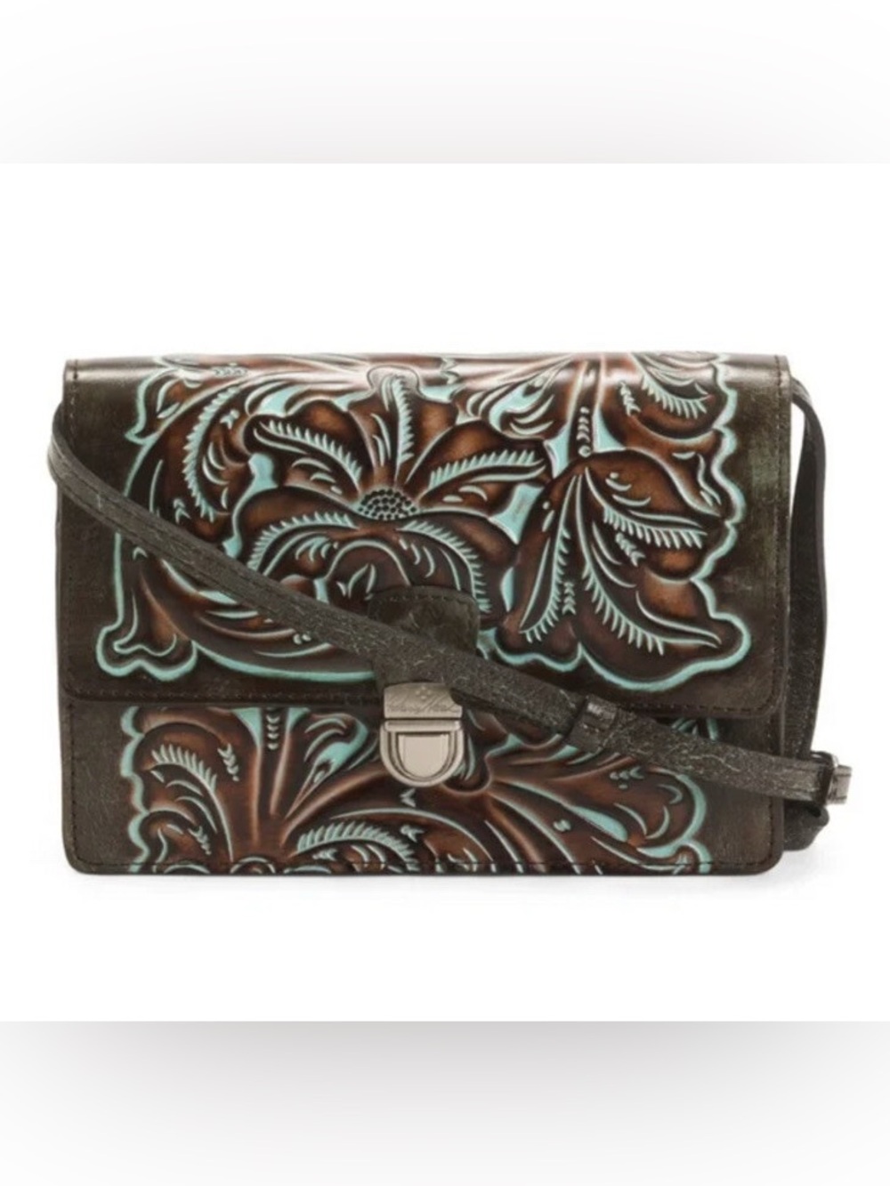 Patricia Nash Lorci Tooled Leather Crossbody Brown Turquoise Floral